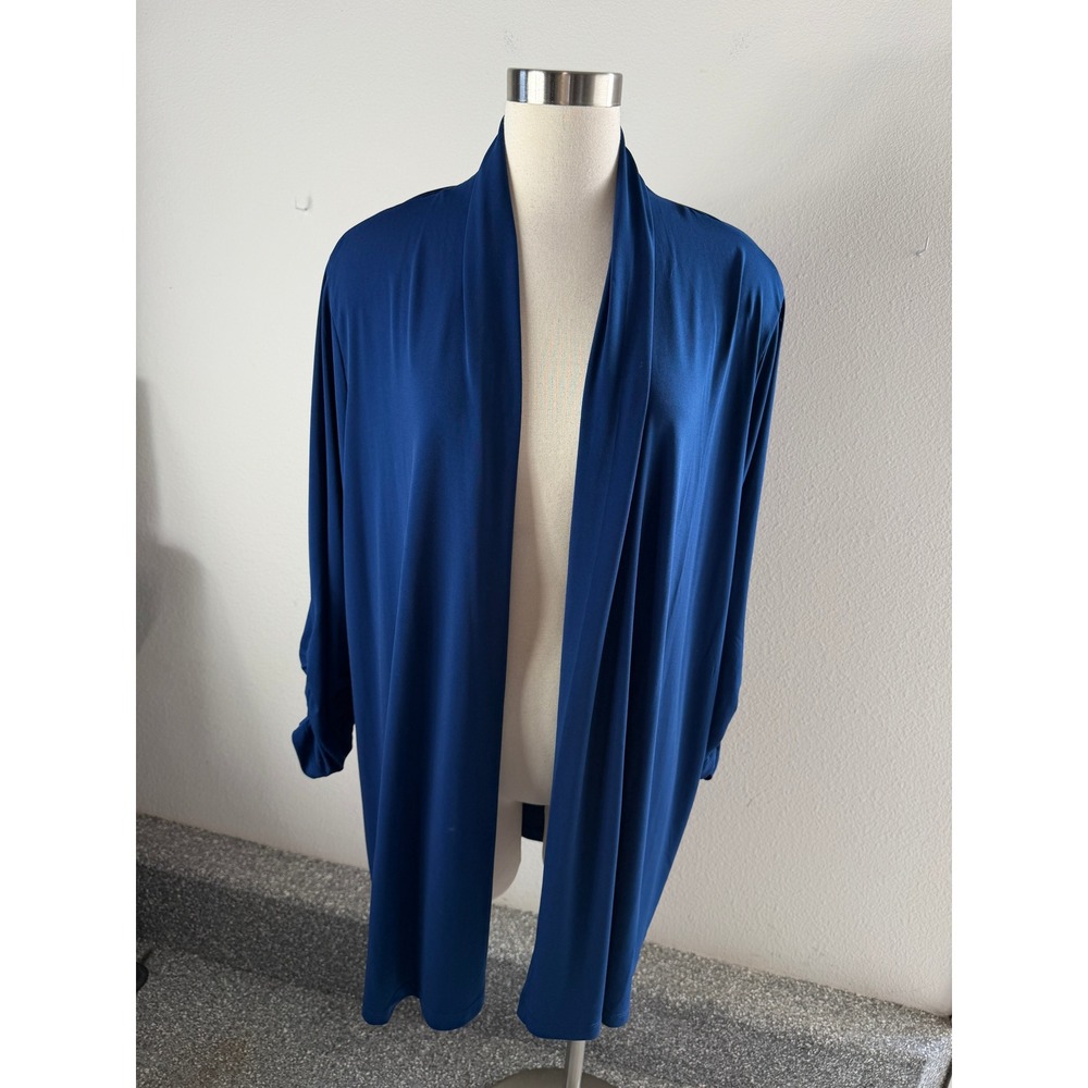 Susan Graver Womens Plus 2X Liquid Knit Cardigan Royal Blue Ruched Sleeve